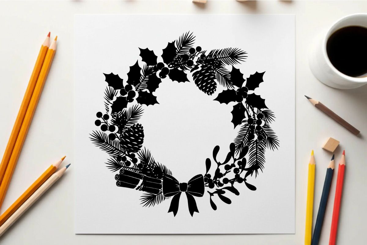 Weihnachtskranz-Silhouette mit Tannenzapfen und Bändern