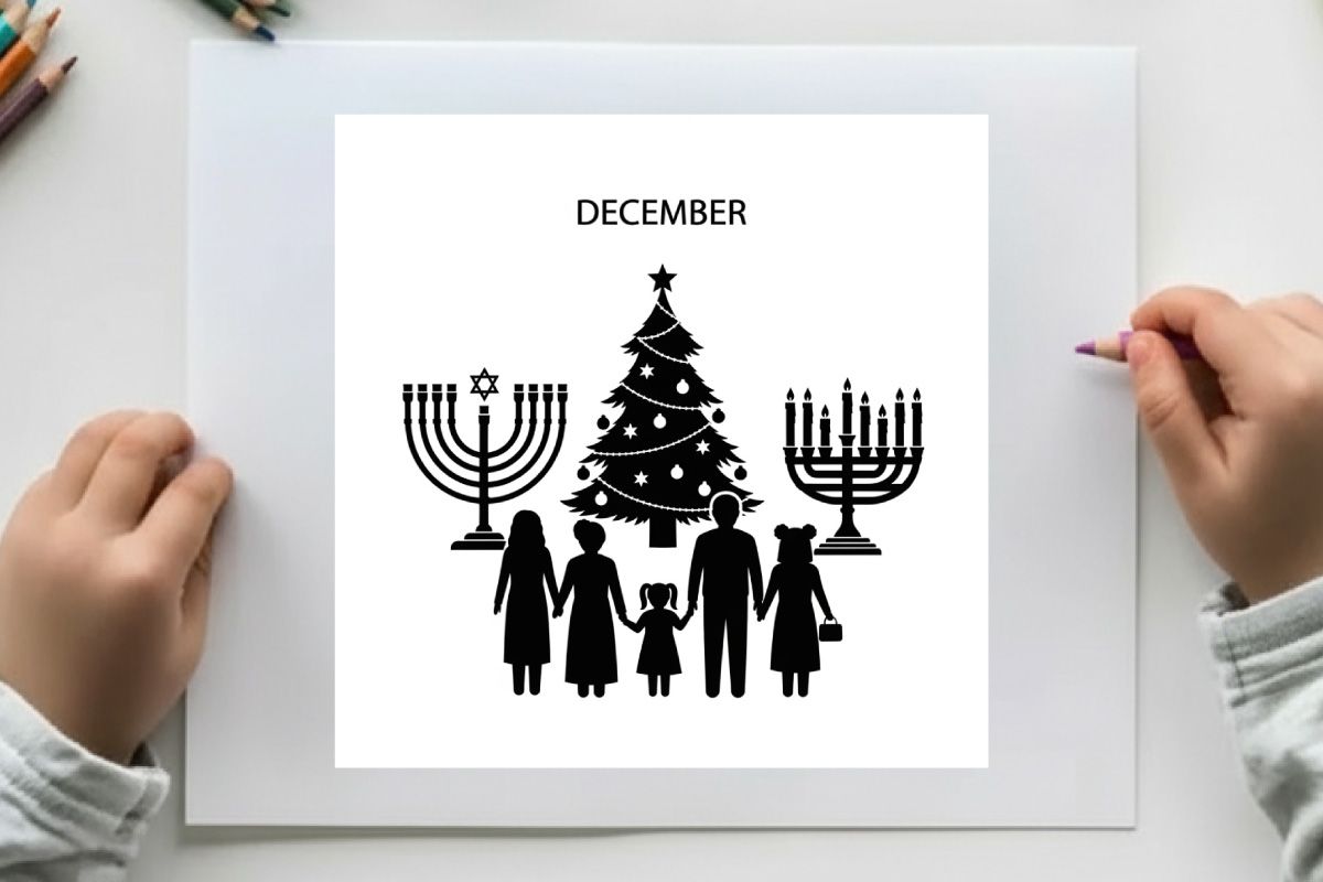 December holiday celebration silhouette of family by christmas tree and menorahs