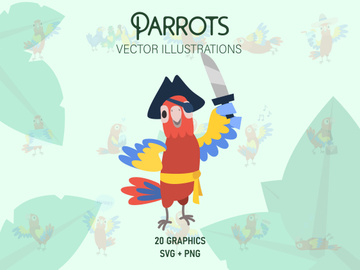 Funny cartoon parrots vector illustrations set.