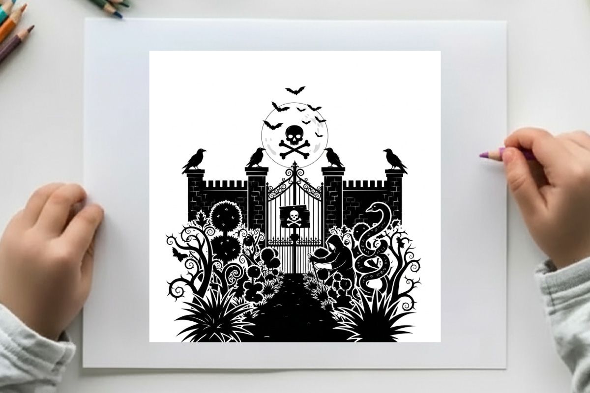 Silhouette gerbang berhantu dengan tengkorak dan tulang bersilang