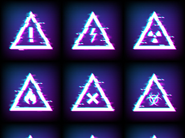 Glitch warning signs, vector
