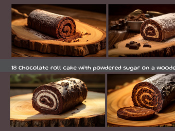 Chocolate roll cake with powdered sugar on a wooden board