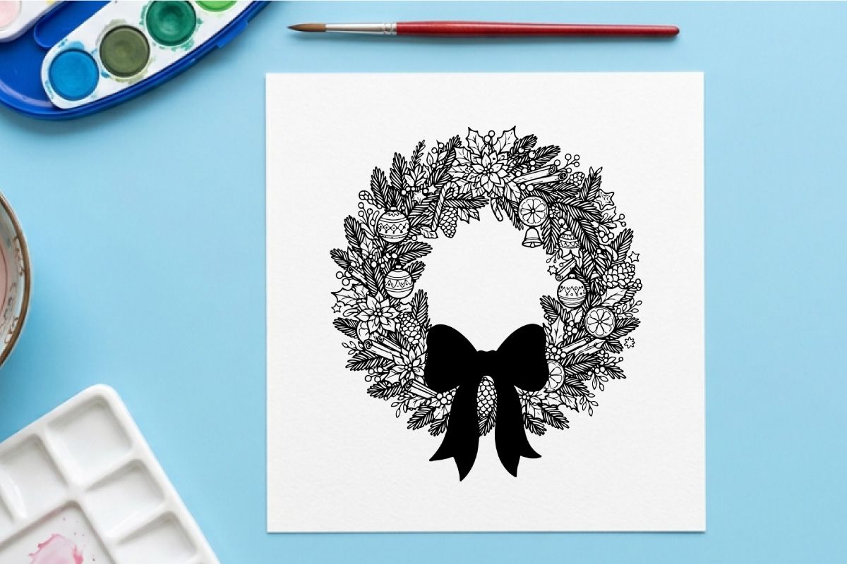 Hand drawn Christmas wreath with red bow isolated on white background