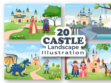 20 Castle with Prince and Queen Cartoon Illustration