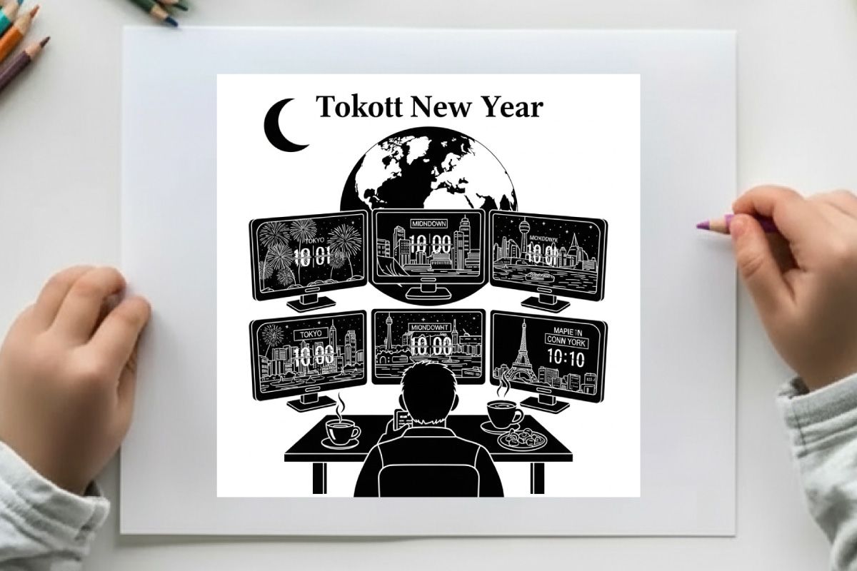 Silhouette seorang pria menonton beberapa layar di tahun baru tokott