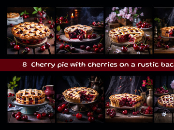 Cherry pie with cherries on a rustic  background