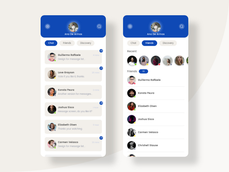 Chat and Friends screens for Social app by TuyenHT ~ EpicPxls