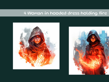 Woman in hooded dress holding fire