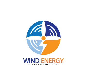 Wind energy logo. renewable energy icon with wind turbines and thunder bolt isolated on white background