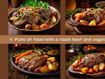 Plate of food with a roast beef and vegetables
