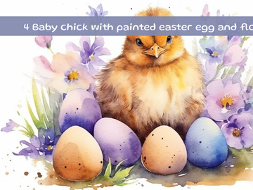 Baby chick with painted easter egg and flowers