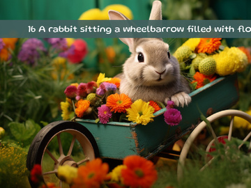 A rabbit sitting a wheelbarrow filled with flowers