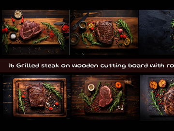 Grilled meat barbecue steak on wooden cutting board with rosemary