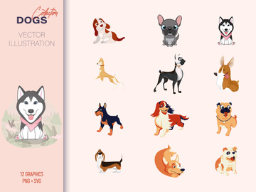 Cute cartoon dog set vector illustration.