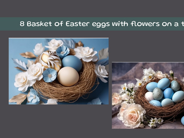 Basket of Easter eggs with flowers on a table