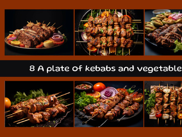 A plate of kebabs and vegetables with a black background
