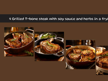 Grilled T-bone steak with soy sauce and herbs in a frying pan