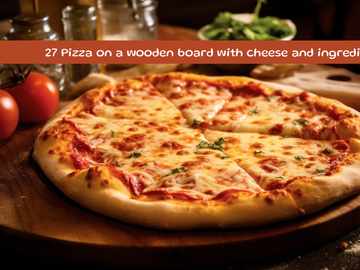 Pizza on a wooden board with cheese and ingredients