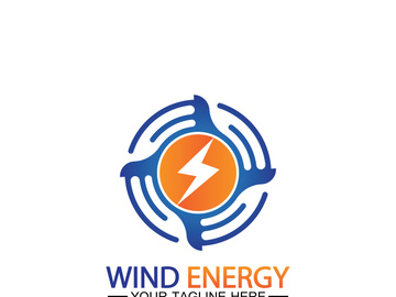 Wind energy logo. renewable energy icon with wind turbines and thunder bolt isolated on white background