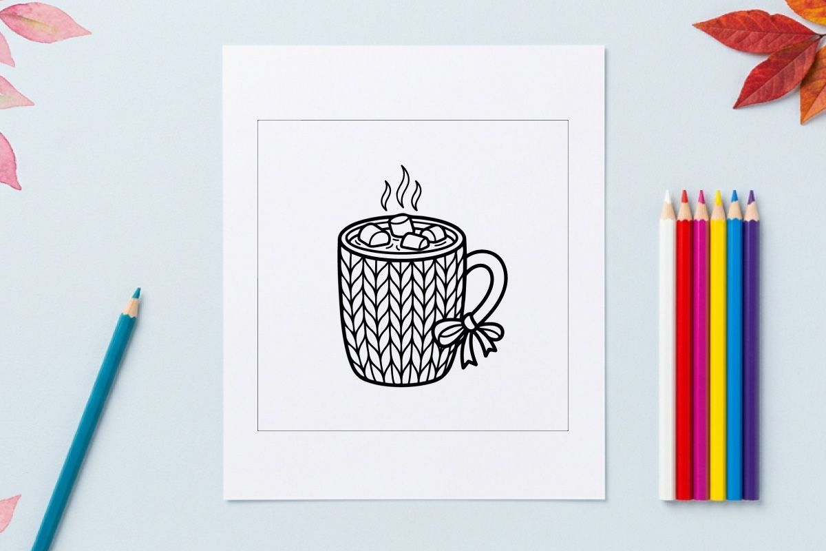 Black and white line art of a mug with marshmallows