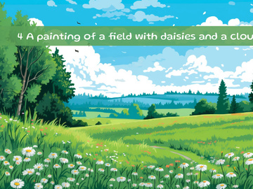 A painting of a field with daisies and a cloudy sky