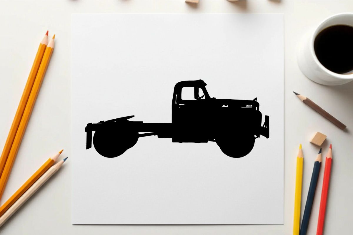 Silhouette of a classic pickup truck with flatbed and cab silhouette