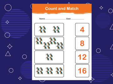 10 Pages Count and match with the correct number. Matching education game. Count how many items and choose the correct number