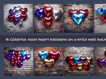 Colorful neon heart balloons on a brick wall background