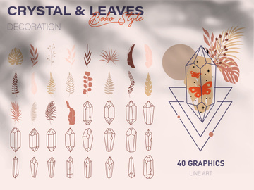 Celestial set. Moon crystal set. Hand drawn lines magic celestial crystals, stars flowers. Mystical boho element