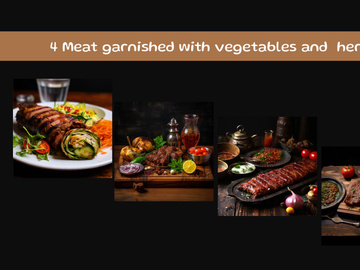 Meat garnished with vegetables and  herbs