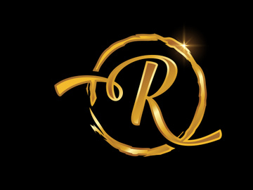 Golden color English hand-drawn alphabet in a brush circle on black background