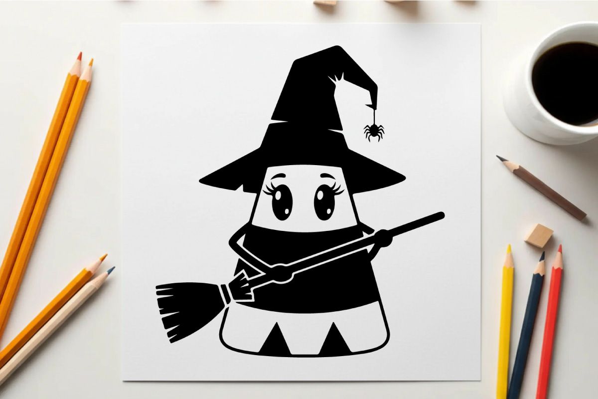 A cute cartoon ghost wearing a witch hat silhouette