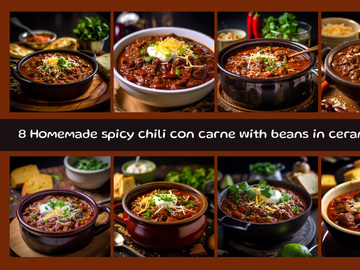 Homemade spicy chili con carne with beans in ceramic bowl