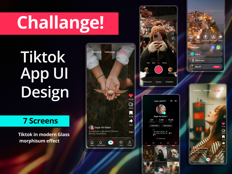 Tiktok App UI Kit In Glass Morphism Style 7 Screens By EpicPxls