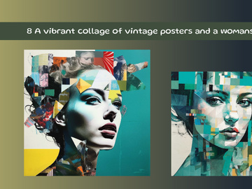 A vibrant collage of vintage posters and a womans face