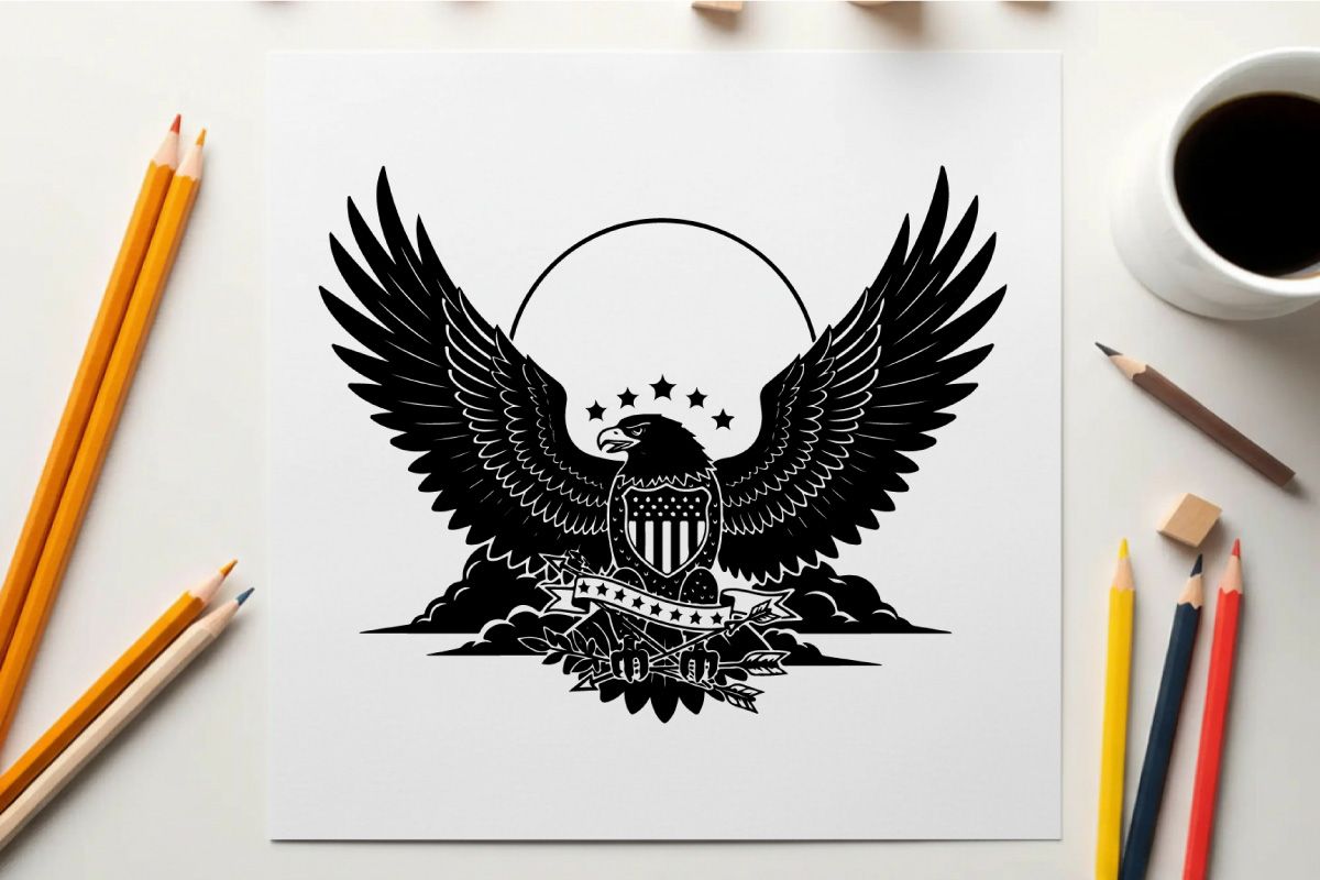 American eagle silhouette with stars and stripes shield