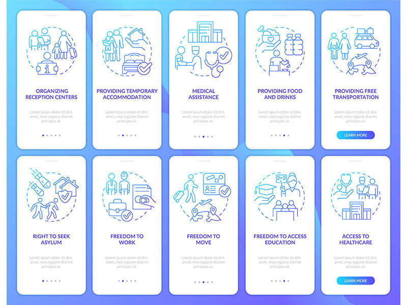Helping refugees blue gradient onboarding mobile app screen ~ EpicPxls