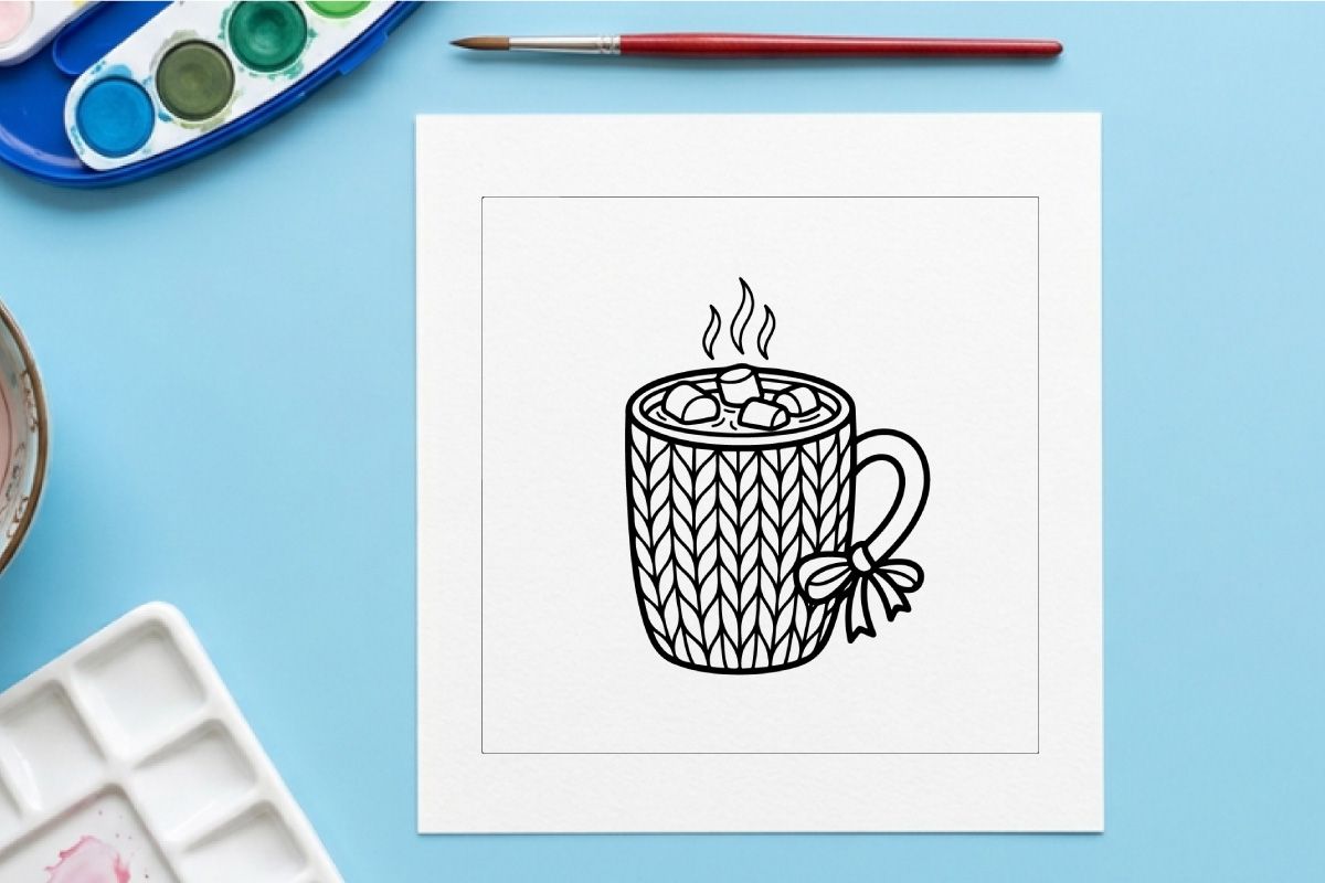 Black and white line art of a mug with marshmallows