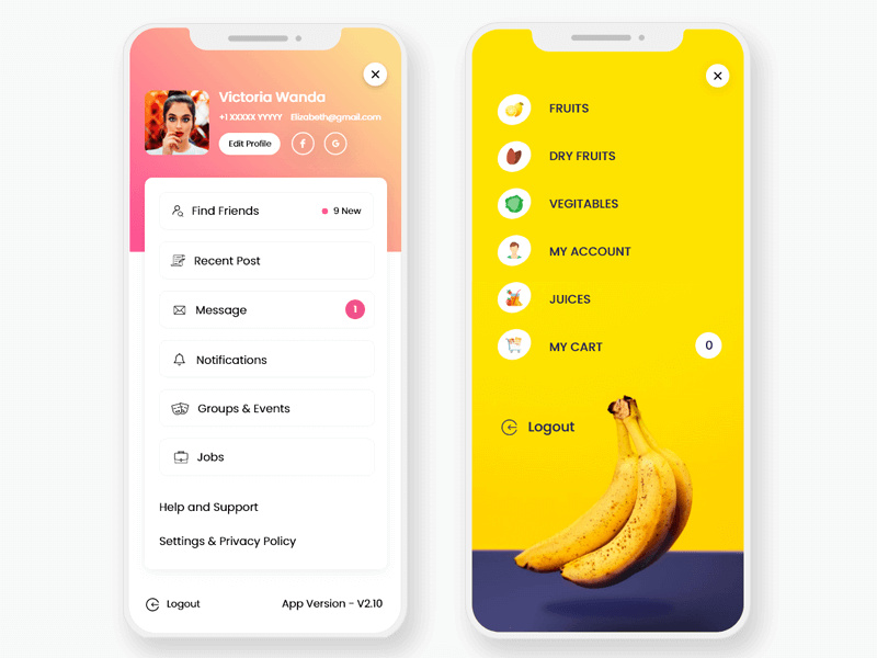 Mobile App Sidebar Navigation Menu UI Pack