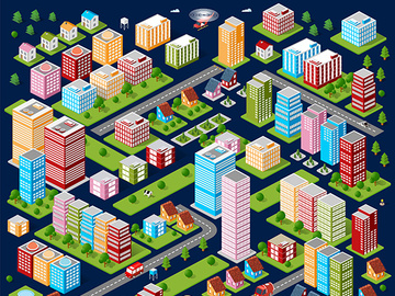 A set of urban buildings, skyscrapers, houses, supermarkets