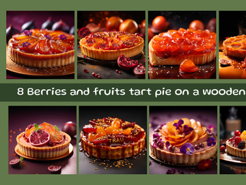 Berries and fruits tart pie on a wooden table