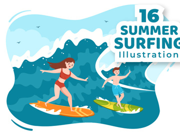 16 Summer Surfing Sports Cartoon Illustration