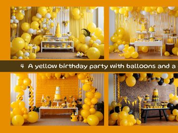 A yellow birthday party with balloons and a cake