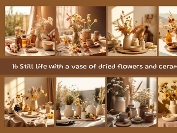 Still life with a vase of dried flowers and ceramics