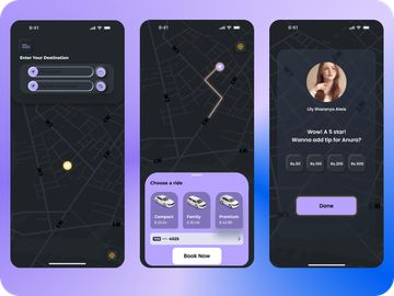 Taxi Booking App UI/UX – Dark Theme Mobile Design