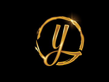 Golden color English hand-drawn alphabet in a brush circle on black background