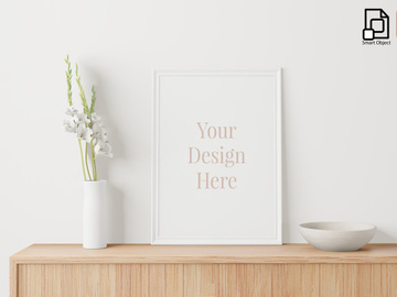 Frame mockup on the wooden cabinet in interior