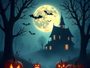 Spooky Halloween night background with glowing pumpkins