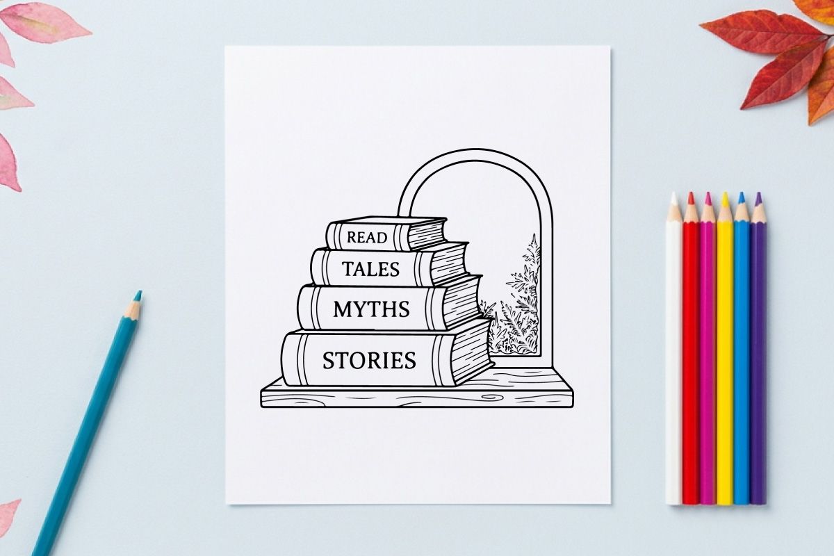 Stapel Bücher mit Winterfensterblick, Strichzeichnungs-Illustration für Weihnachtslektüre.