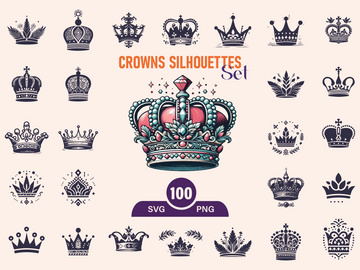 Royal Crown Silhouette, Retro King Crown Icons.